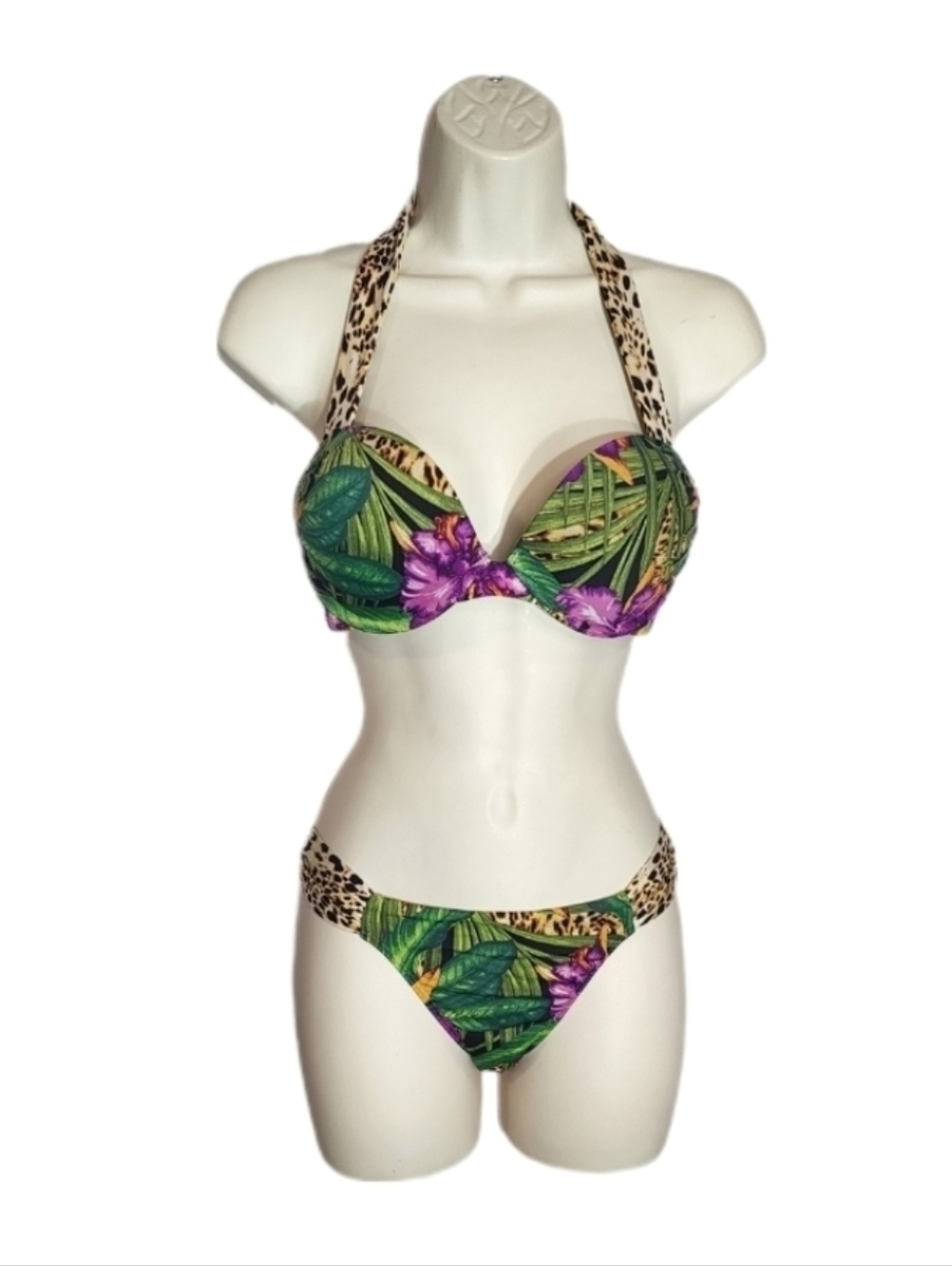 Victoria's Secret Bikini Bombshell Tropical Leaf & Leaopard Green Size 34B